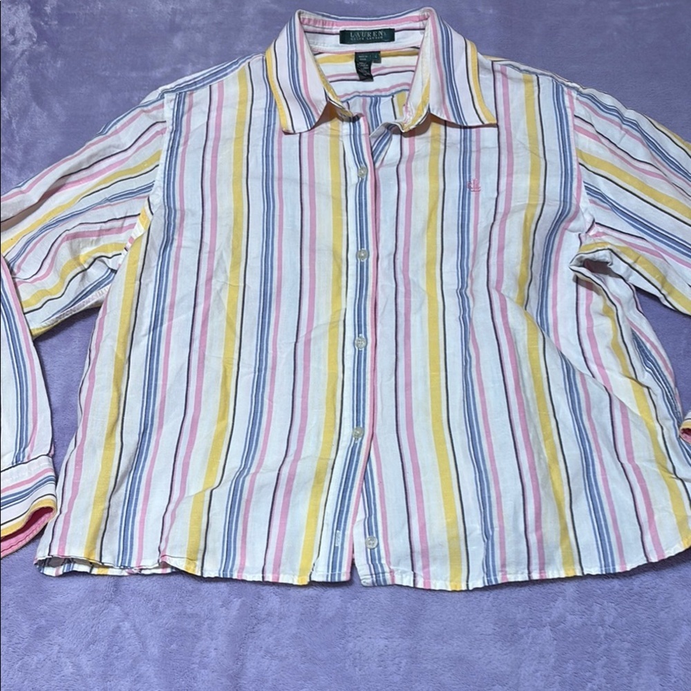 Lauren Ralph Lauren Linen Cotton Shirt L Striped Pink Yellow Blue Coastal - Picture 2 of 11